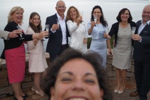 Wedding selfie after vows exchange on the beautiful terrace of Baja Sardinia....Wedding in the rain!